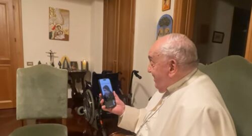 Art by Father Marko Rupnik hangs in the apartment of Pope Francis as he speaks to Christians in Gaza on January 15, 2025. (Credit: Vatican Media.)